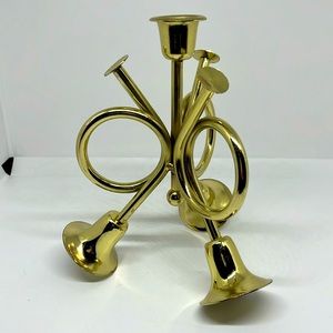 Vintage Brass Triple Horn Candle Stick Holder.